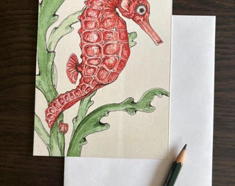 Tarjeta postal Caballito de mar rojo A6 Pintura en acuarela Tarjeta artística