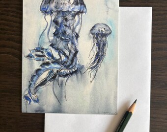 Tarjeta postal con diseño de medusas en acuarela (tamaño A6).