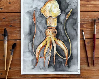Pintura de acuarela de un pulpo, arte A3, pintura marina moderna bajo el agua