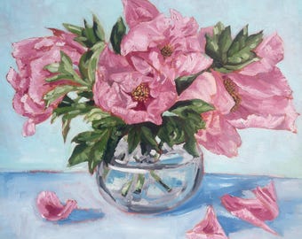 Pintura al óleo de peonías, arte original sobre lienzo, flores en un jarrón.