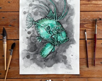 Pintura de acuarela de peces de aguas profundas, pintura artística A3, mar moderno submarino