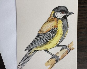 Tarjeta postal A6 con dibujo de un carbonero común en acuarela.