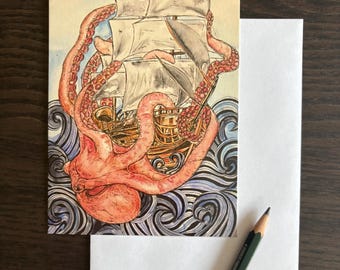 Tarjeta postal Kraken con barco, tamaño A6, con pintura en acuarela.