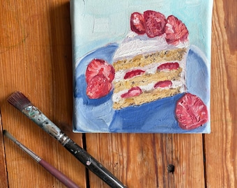 Pintura al óleo / Pastel / Tarta de fresa / Postre / Arte / Cuadro / 15 x 15 cm / sobre lienzo