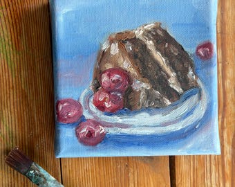 Pintura al óleo / Tarta / Tarta de chocolate / Postre / Arte / Cuadro / 13 x 13 cm / sobre lienzo