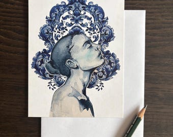 Tarjeta postal artística con estampado de mujer con adornos, tamaño A6, con pintura en acuarela.