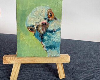 Miniatura al óleo de una paloma, 5 x 7 cm, pieza de arte única pintada a mano, incluye caballete.