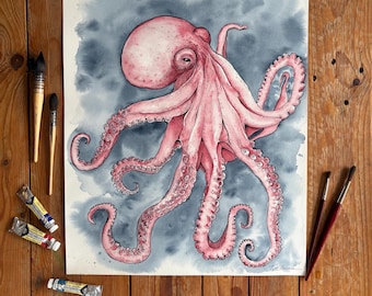 Pintura en acuarela Pulpo n.° 5 Arte Pintura Mar Moderno Submarino