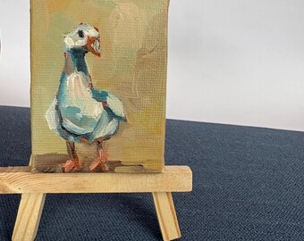 Miniatura al óleo de un ganso, 5 x 7 cm, pieza de arte única pintada a mano, incluye caballete.