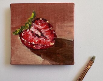 Pintura al óleo en miniatura, fresa, fruta, obra de arte única pintada a mano.