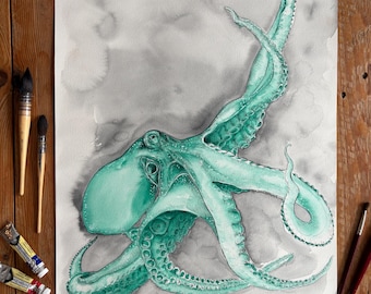 Pintura de acuarela de un pulpo verde, arte marino moderno bajo el agua
