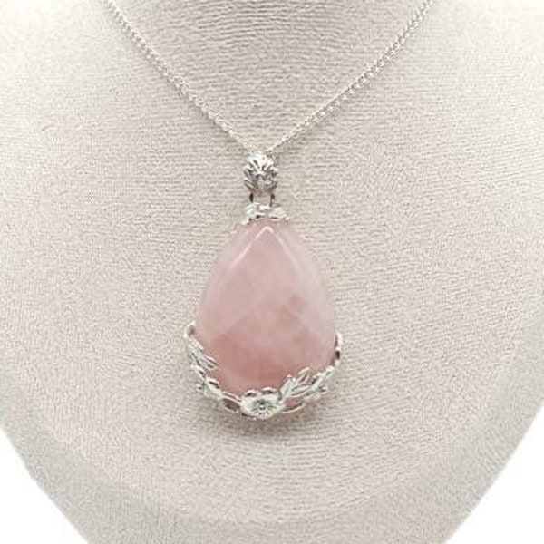 Large Teardrop Rose Quartz Crystal Necklace Silver Pendant Pink Healing Gemstone Quartz Necklace Valentines Gift Birthday Gift For Her UK
