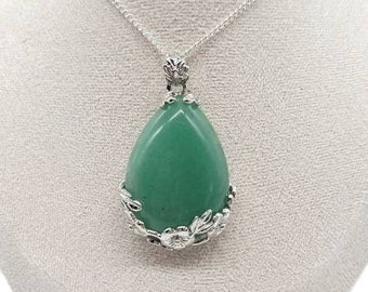 Large Teardrop Natural Green Aventurine Crystal Necklace Silver Pendant Healing Protecting Gemstone Aventurine Birthday Gift For Her UK