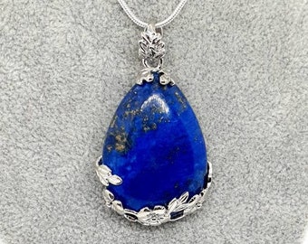 Large Teardrop Lapis Lazuli Crystal Necklace Blue Silver Pendant Healing Gemstone September Birthstone Crystal Birthday Gift For Her UK