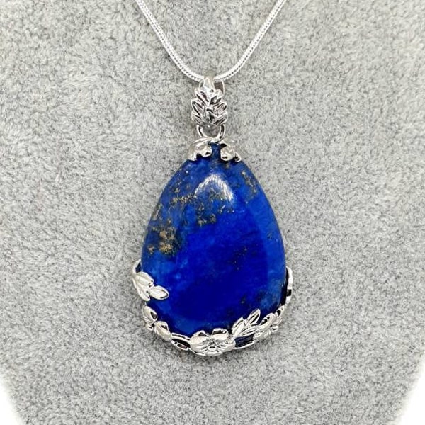 Large Teardrop Lapis Lazuli Crystal Necklace Blue Silver Pendant Healing Gemstone September Birthstone Crystal Birthday Gift For Her UK