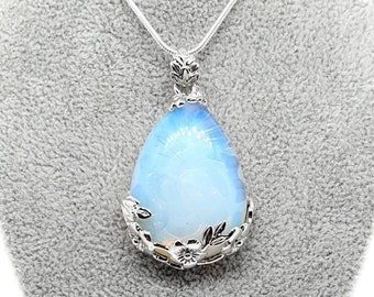 Large Teardrop Opal Crystal Necklace White Silver Pendant Big Healing Natural Gemstone October Birthstone Crystal Birthday Gift For Her UK