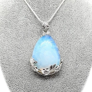 Large Teardrop Opal Crystal Necklace White Silver Pendant Big Healing Natural Gemstone October Birthstone Crystal Birthday Gift For Her UK