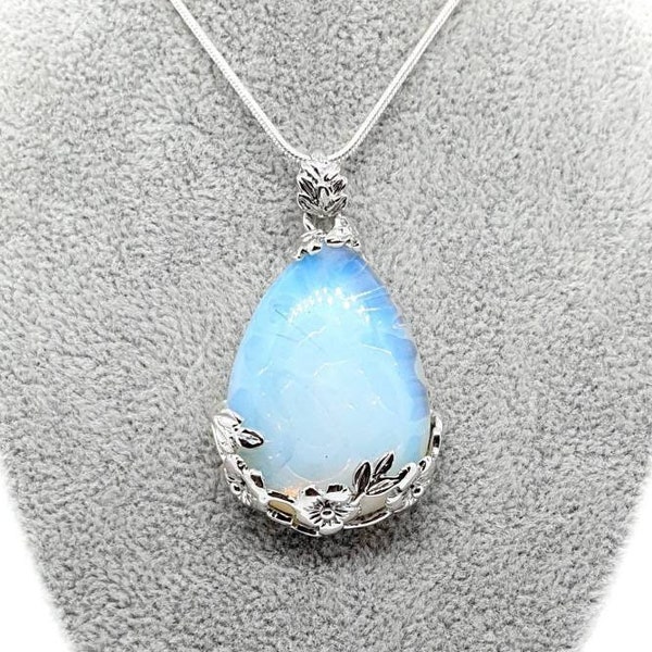 Large Teardrop Opal Crystal Necklace White Silver Pendant Big Healing Natural Gemstone October Birthstone Crystal Birthday Gift For Her UK