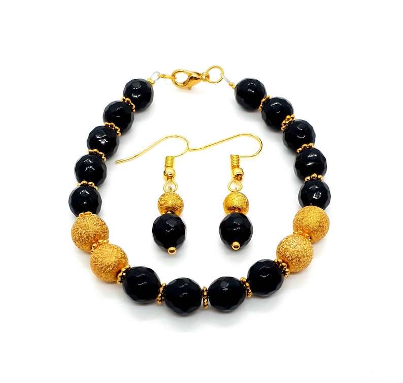 Black Agate Crystal Jewelry Set Jewellery Gift Set Crystal Bracelet Small Gold Aesthetic Earrings Mothers Day Gift Birthday Gift For Her UK