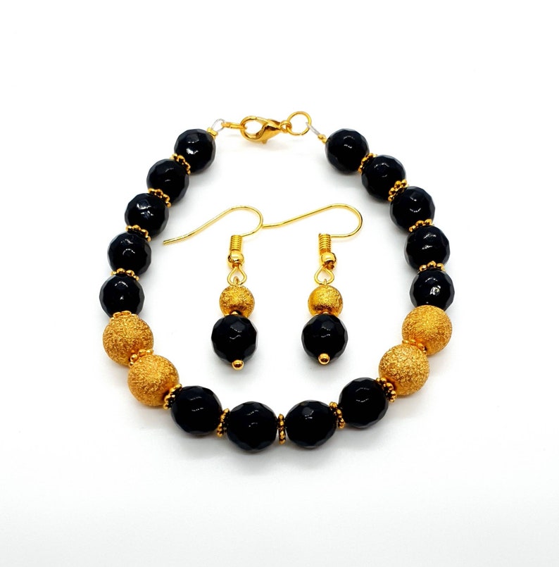 Black Agate Crystal Jewelry Set Jewellery Gift Set Crystal Bracelet Small Gold Aesthetic Earrings Mothers Day Gift Birthday Gift For Her UK