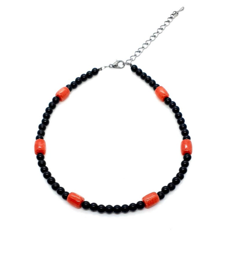 Black Agate Crystal Handmade Bead Anklet With Red Coral Adjustable Ankle Bracelet Natural Gemstone Mothers Day Gift Birthday Gift For Her UK