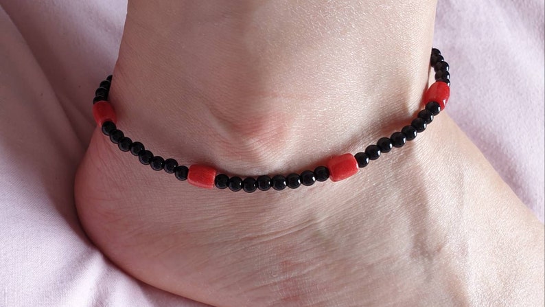 Black Agate Crystal Handmade Bead Anklet With Red Coral Adjustable Ankle Bracelet Natural Gemstone Mothers Day Gift Birthday Gift For Her UK