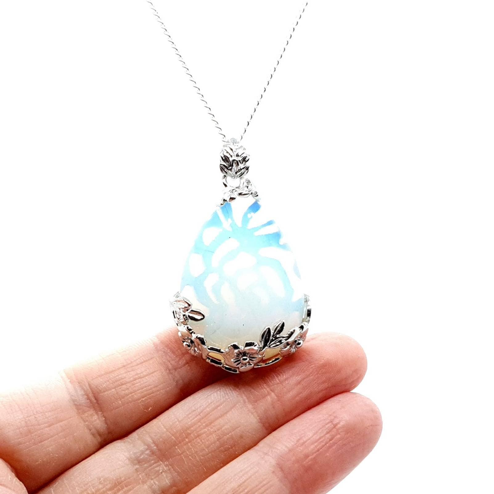 Large Teardrop Opal Crystal Necklace White Silver Pendant Big Etsy
