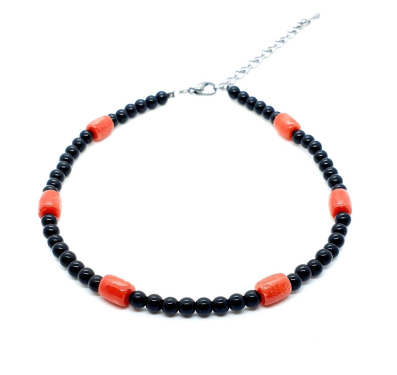 Black Agate Crystal Handmade Bead Anklet With Red Coral Adjustable Ankle Bracelet Natural Gemstone Mothers Day Gift Birthday Gift For Her UK