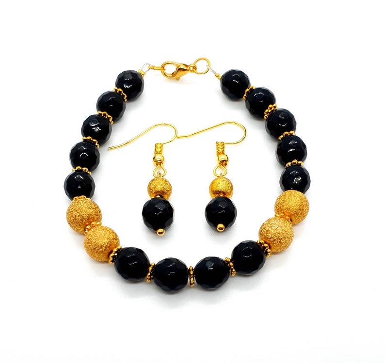 Black Agate Crystal Jewelry Set Jewellery Gift Set Crystal Bracelet Small Gold Aesthetic Earrings Mothers Day Gift Birthday Gift For Her UK