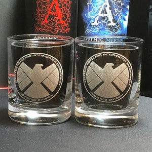 Shield Agents of Shield Marvel Gift Marvel Wedding Marvel Art Shield Gift ,Hydra Whiskey Glasses Rocks Glasses Bourbon Glass image 1