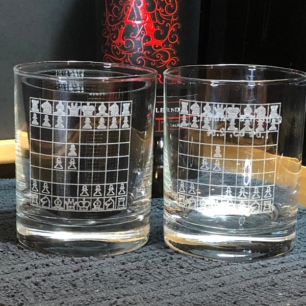 Chess Glasses | Chess Openings | Queens Gambit | Chess Gift | Chess Wedding | Chess Art | Whiskey Glasses | Rocks Glasses | Bourbon Glasses