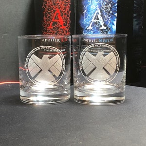 Shield Agents of Shield Marvel Gift Marvel Wedding Marvel Art Shield Gift ,Hydra Whiskey Glasses Rocks Glasses Bourbon Glass image 2