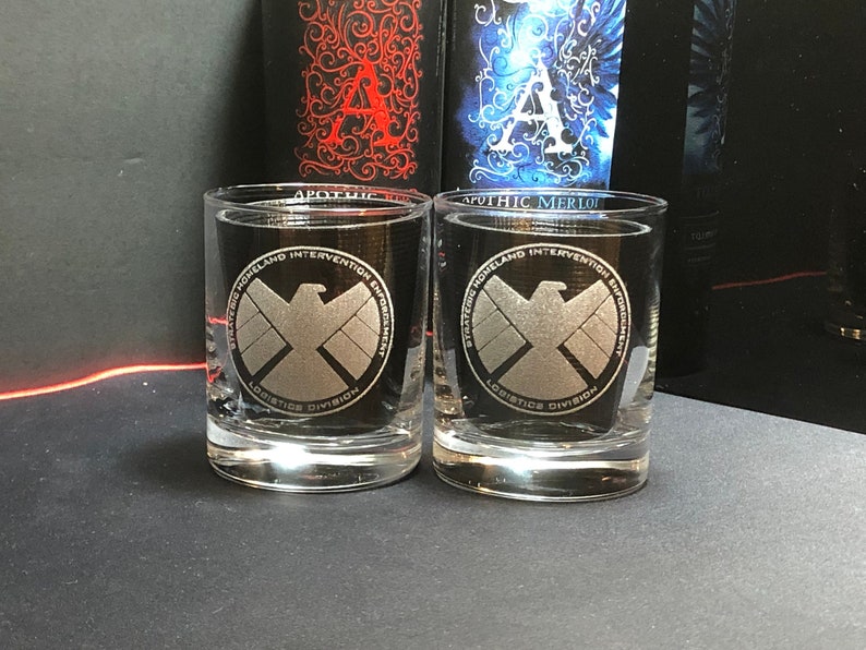 Shield Agents of Shield Marvel Gift Marvel Wedding Marvel Art Shield Gift ,Hydra Whiskey Glasses Rocks Glasses Bourbon Glass image 1