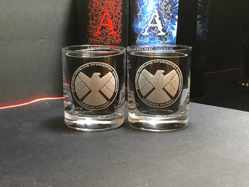 Shield Agents of Shield Marvel Gift Marvel Wedding Marvel Art Shield Gift ,Hydra Whiskey Glasses Rocks Glasses Bourbon Glass image 3