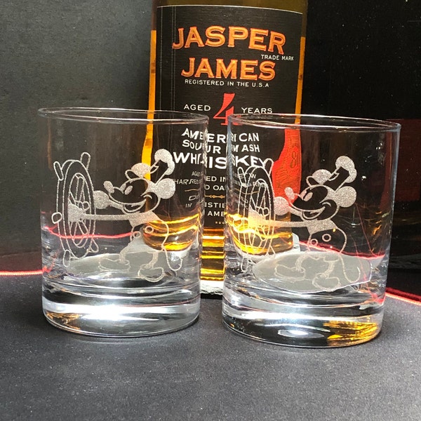 Steamboat Willie Rocks Glasses, Steamboat Glasses,  Retro Mouse, Double Rocks Glasses, Whiskey Glasses, Bourbon, Glassware Set