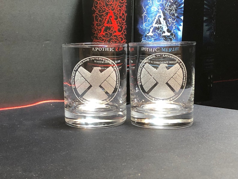 Shield Agents of Shield Marvel Gift Marvel Wedding Marvel Art Shield Gift ,Hydra Whiskey Glasses Rocks Glasses Bourbon Glass image 2