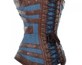 Harnock Denim Overbust Women Corset With Brown Faux Leather