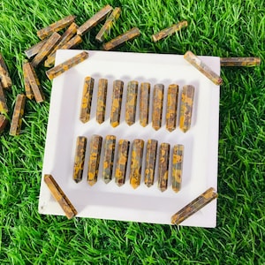 May include: A collection of 20 brown, yellow, and green jasper stone points arranged on a white square plate. The points are all approximately the same size and shape, and they are all pointed at one end.