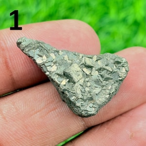 Peut inclure: Un morceau de pyrite, un minéral métallique, est tenu dans une main. La pyrite a une surface rugueuse et texturée avec un mélange de tons argentés et dorés. La forme est irrégulière, avec un bord dentelé.