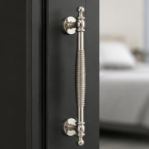 May include: A polished silver-toned metal door handle with a vertical orientation. The handle features a central ribbed cylindrical grip section, smooth rounded ends, and two circular mounting plates that attach to a dark black door surface.