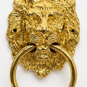 Op de afbeelding: Een gepolijste goudkleurige metalen deurklopper met een gedetailleerd leeuwenkopontwerp en een grote ronde ring in de bek van de leeuw. De leeuw heeft een gestructureerde manen en twee kleine montagegaten aan de zijkanten.