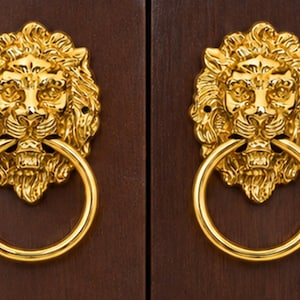 May include: Two identical gold-coloured metal door knockers shaped like lion heads with circular rings held in their mouths. Each lion head features detailed mane textures and facial features, mounted on a dark brown wooden door surface.