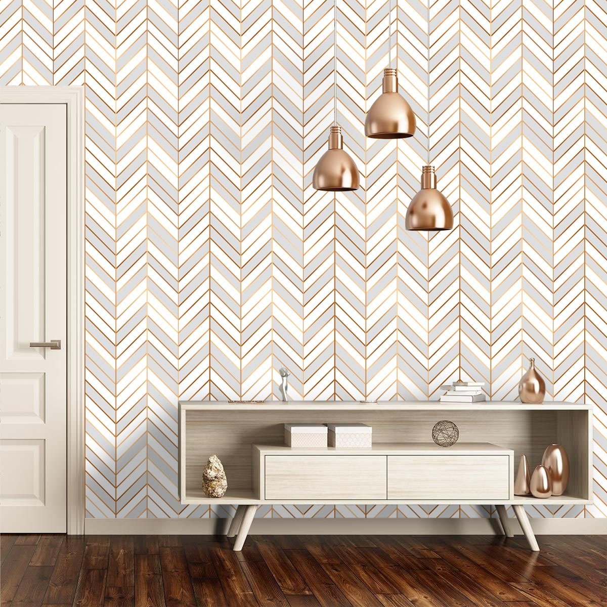 White Grey Herringbone Designed Wallpaper Light Colors Etsy