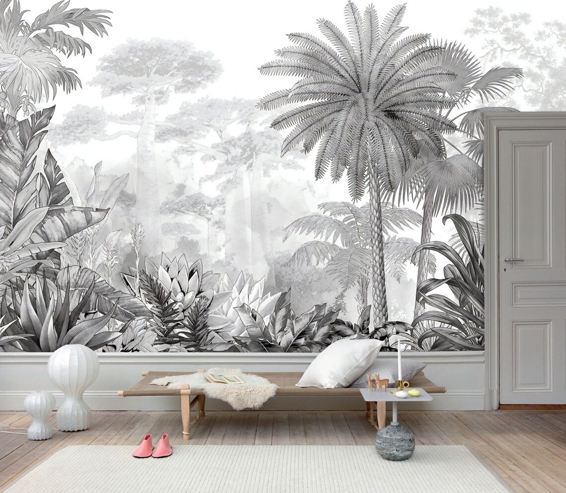 Black and White Tropical Wallpaper Palm Trees Wall Poster Etsy