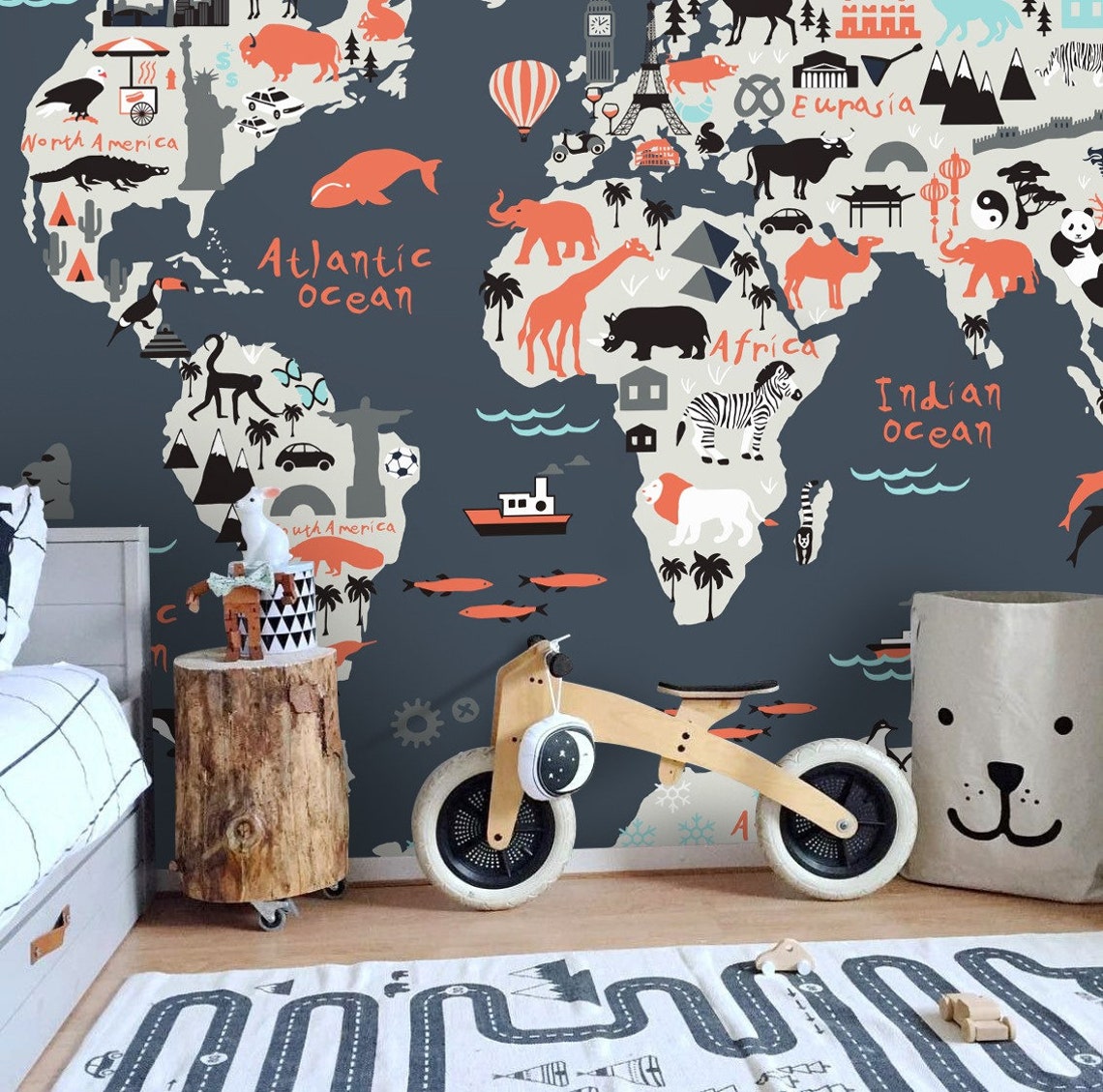 World Map Nursery Wallpaper Kids Room Trendy Wall Decor Etsy