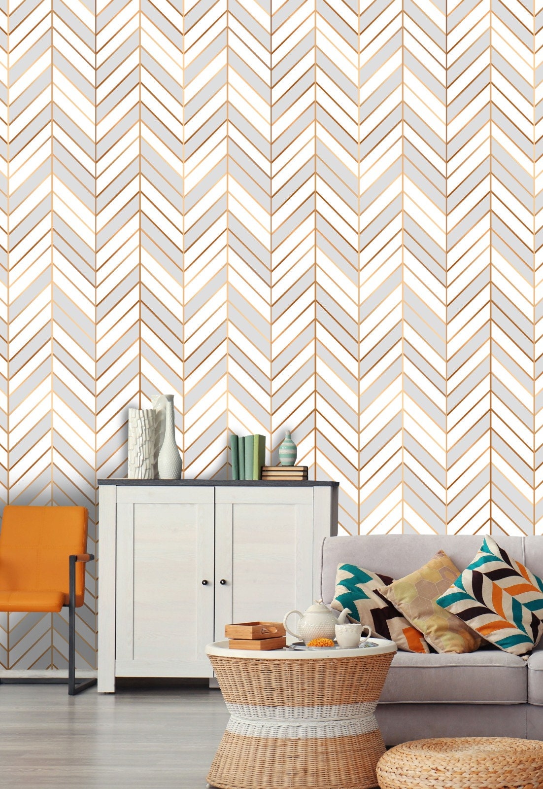 White Grey Herringbone Designed Wallpaper Light Colors Etsy
