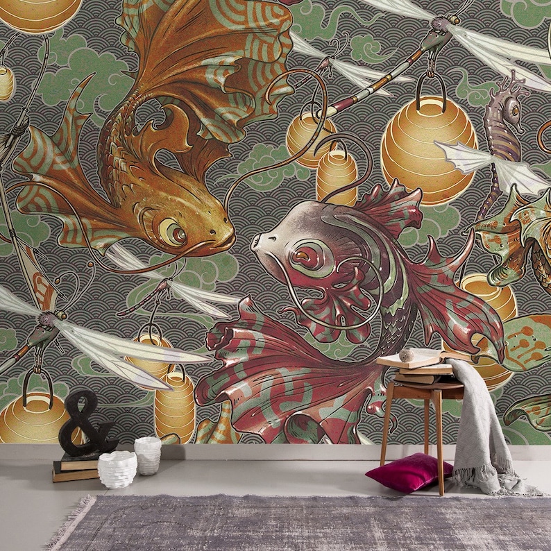 Koi Fish Wallpaper Asian Design Wall Mural Fisher Girl Room Etsy