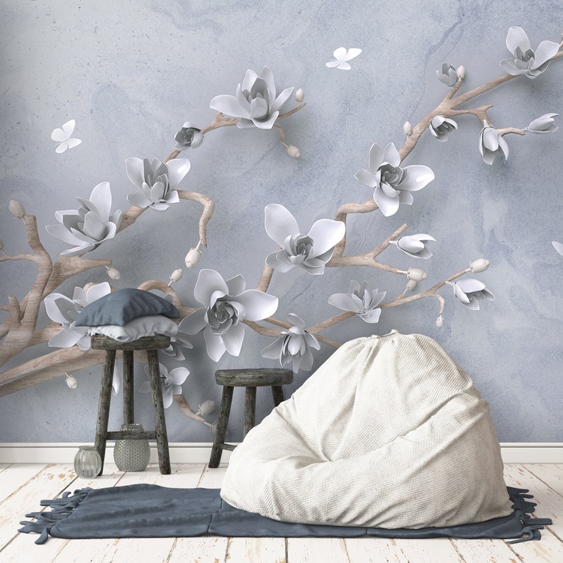 Ehrfürchtig Blumen Poster Wohnzimmer 3D Blumen Schmetterlinge Tapete Floral Wand Poster