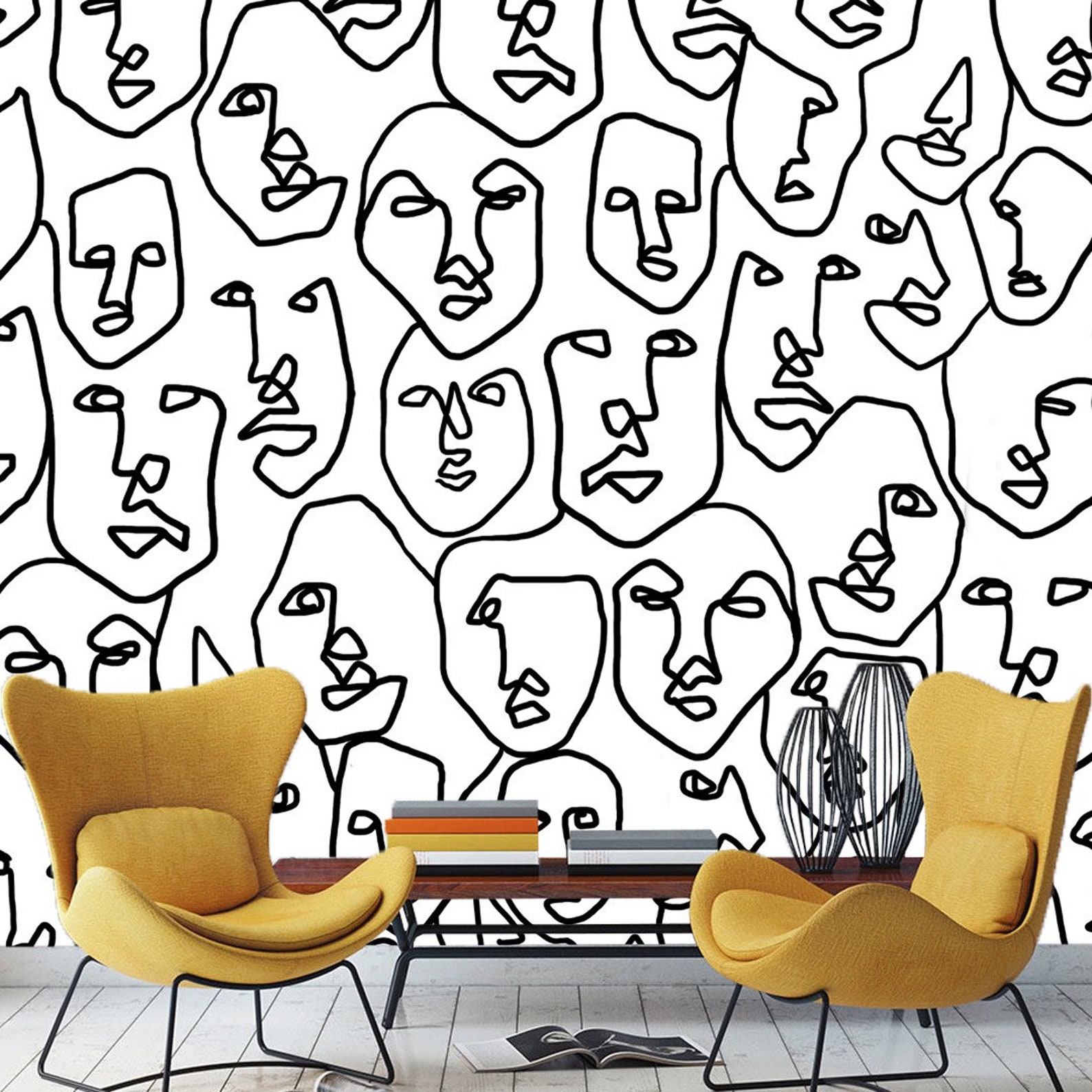 Abstract Face Wallpaper Black White Color Face Design Wall Etsy