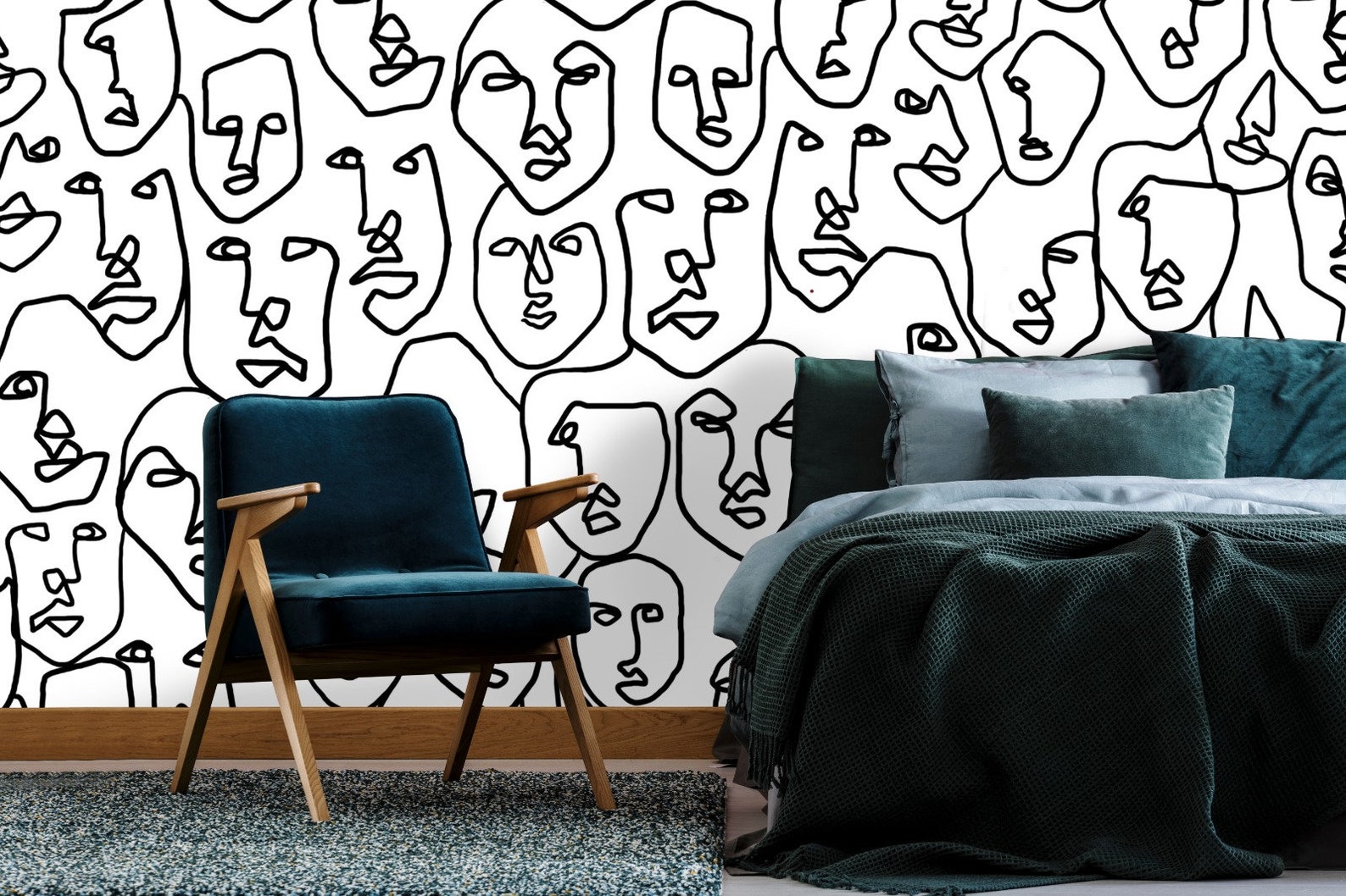 Abstract Face Wallpaper Black White Color Face Design Wall Etsy